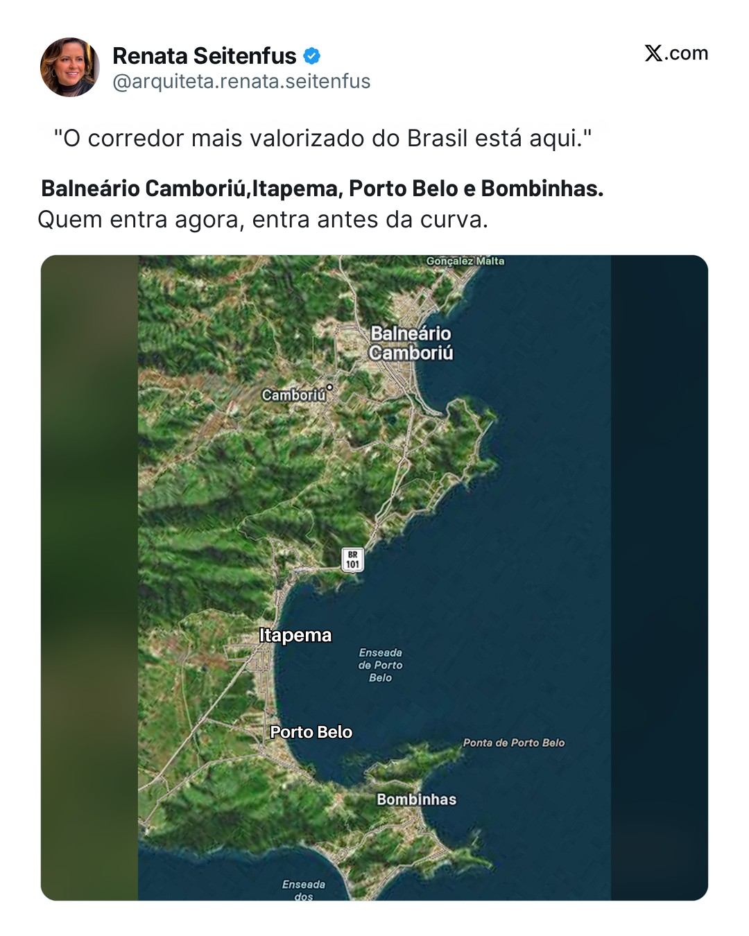 Renata Seitenfus: o corredor mais valorizado do Brasil — Balneário Camboriú, Itapema, Porto Belo e Bombinhas em vista aérea